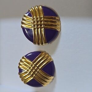 Vintage 80s Gold Tone and Purple Enamel Stud Waffle Pattern Earrings